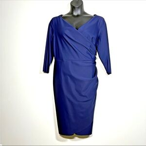 Alex Evenings 20W Dress Smoothing scuba Stretch Midi 3/4 faux wrap Navy Blue